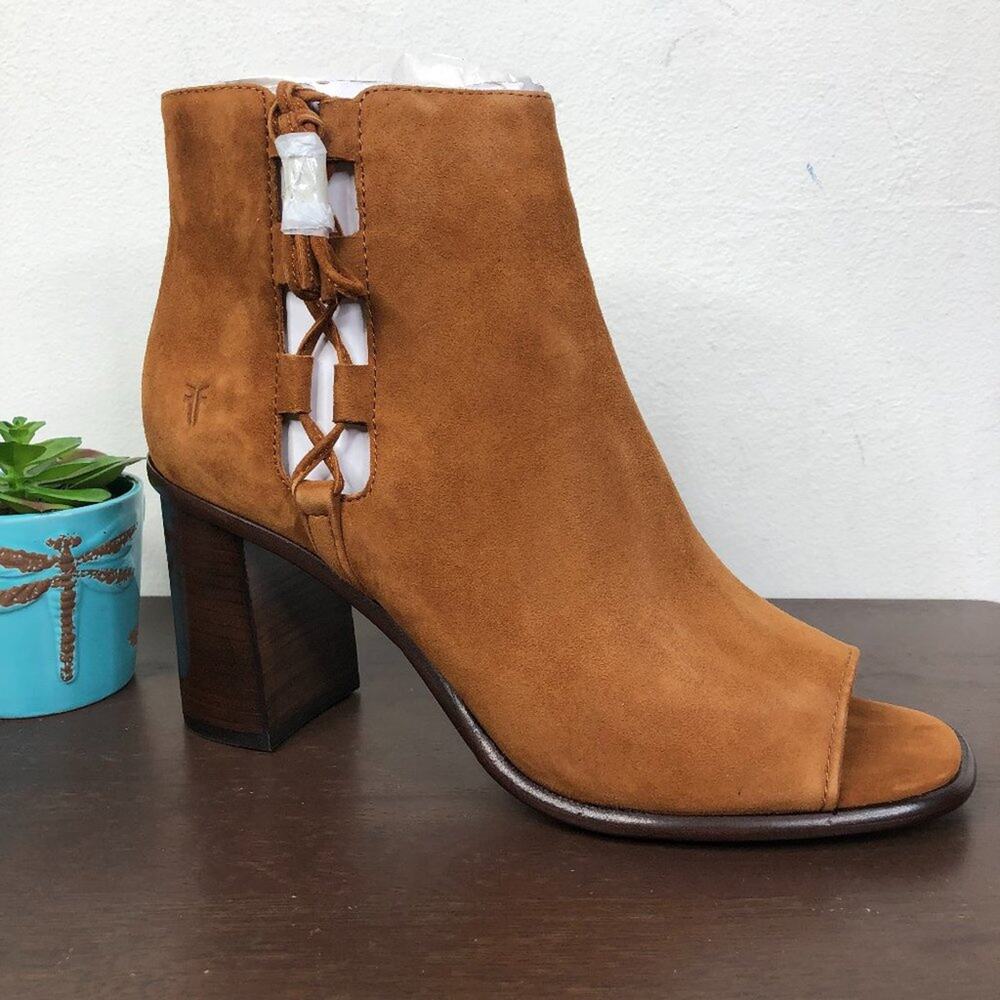 NEW Frye Amy Side Ghillie Suede Leather Open Toe Booties In Nutmeg Size 9.5M